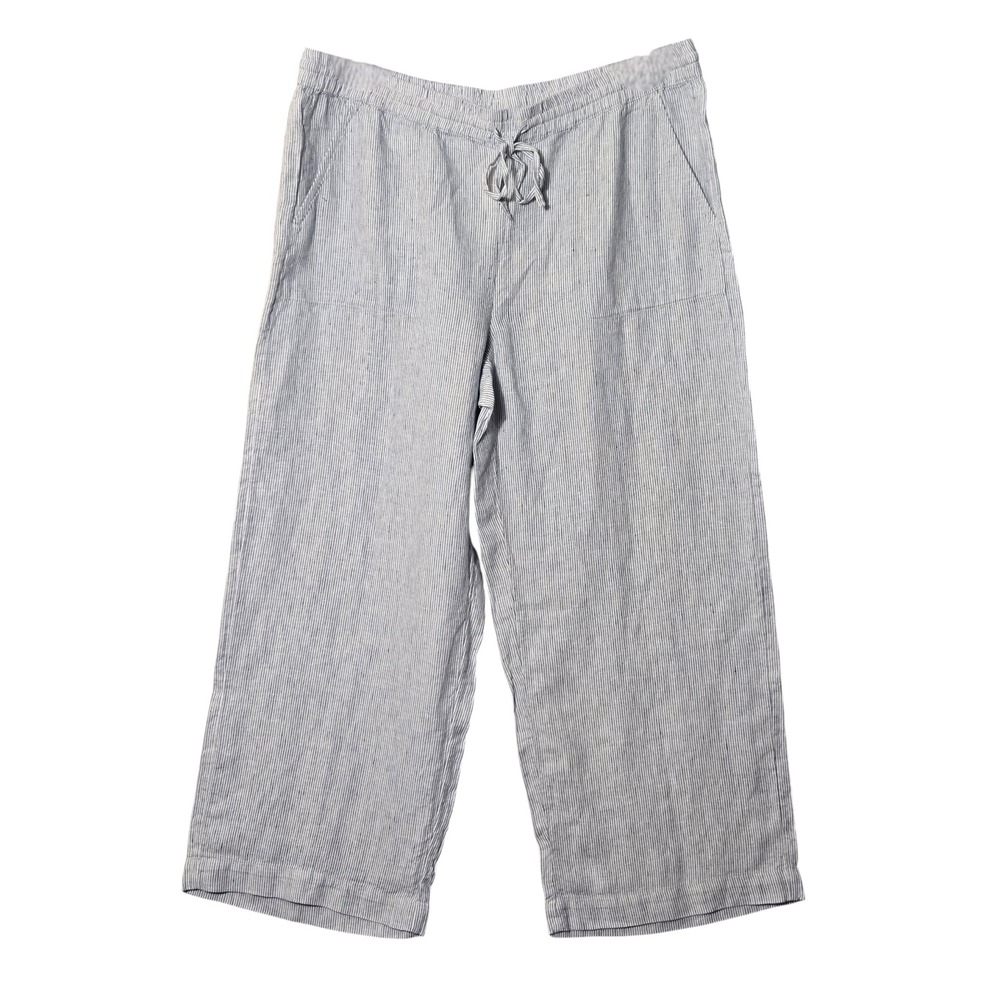 Chicos 100% Linen‎ Wide Leg Elastic Drawstring Pants Blue White Striped 3P NWT